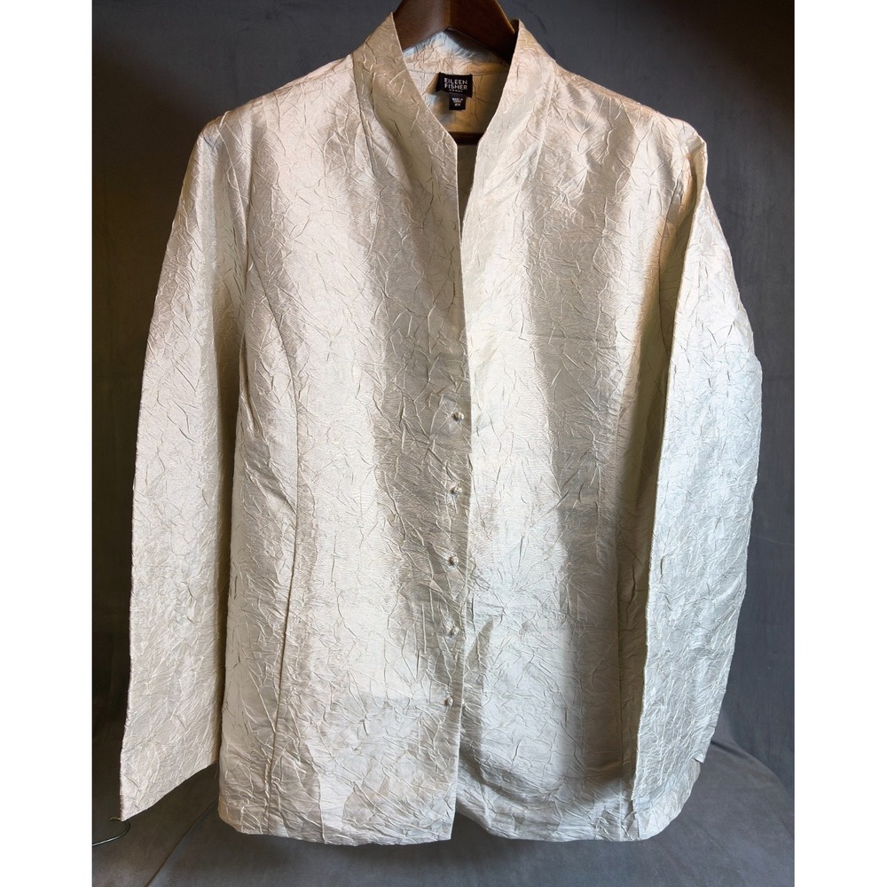 Eileen Fisher Ivory Crinkle Silk  Asian Inspired Mandarin Collar Womens Top   2X